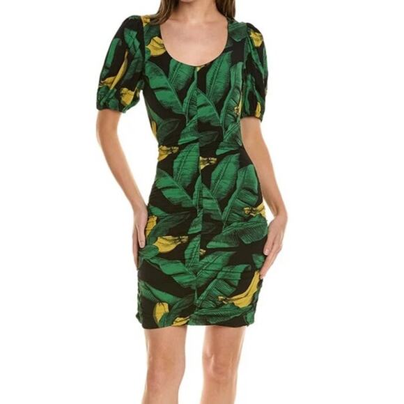 Ganni Dress Leaf print bodycon minidress green black size 32 (US 0) - Picture 1 of 8